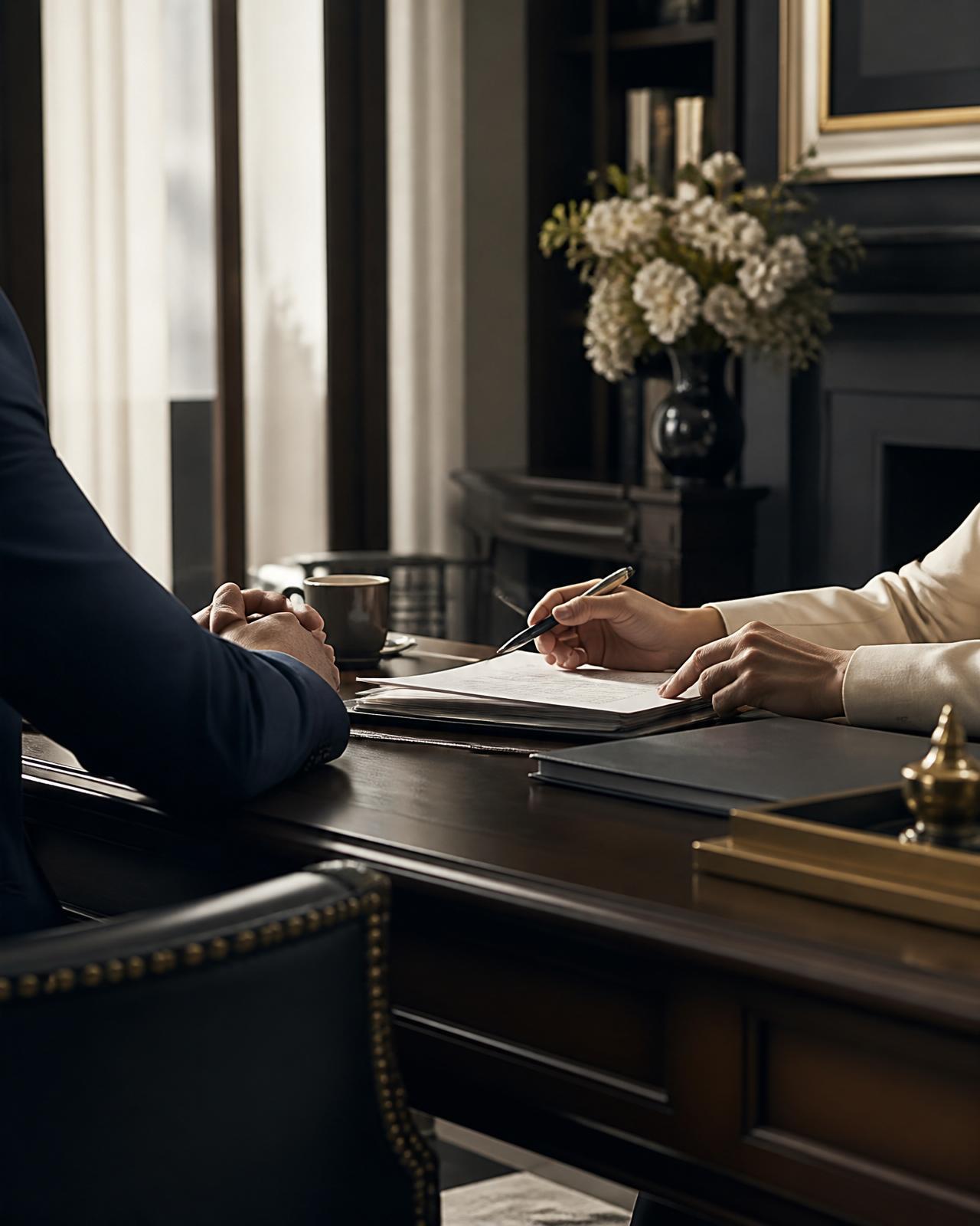 Two professionals in a private consultation meeting across an executive desk